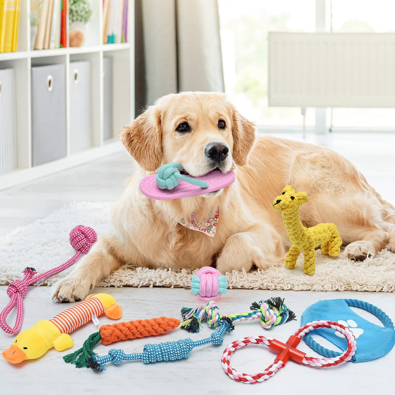 Dog Toys Durable Puppy Chew Toys Teething Training Set,Dog Rope Toys Natural Cotton,Giraffe, Squeaky Duck, Rabbit, Frisbee, Rope Ball, 10 Packs - PawsPlanet Australia