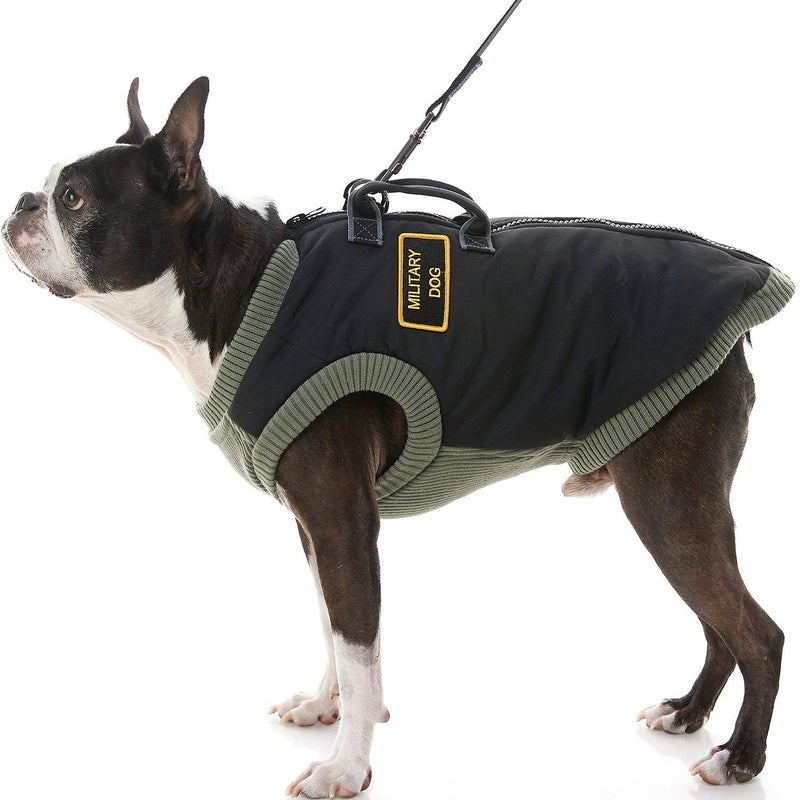 [Australia] - Gooby Military Dog Vest - Dog Jacket Coat with Lift Handle and D Ring Leash - Zipper Closure and Stretch Chest Small Dog Sweater- Dog Clothes for Small Dogs Girl or Boy for Indoor and Outdoor Use X-Small chest (~9.5") Black 