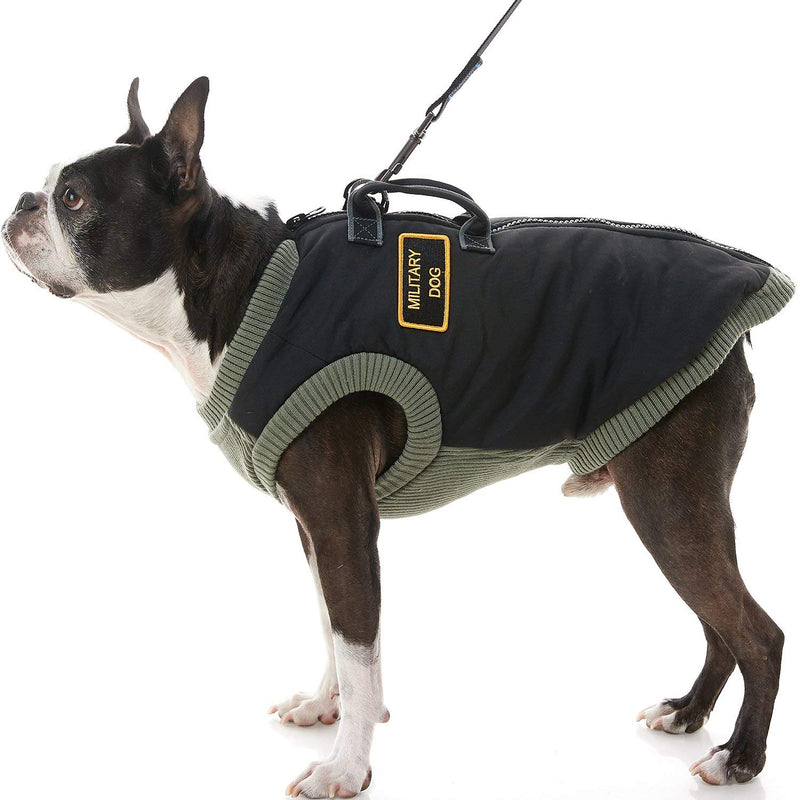 Gooby Military Vest Dog Jacket - Black, Large - Warm Zip Up Coat with Lift Handle and Dual D Ring Leash - Winter Stretch Chest Small Dog Sweater - Dog Clothes for Small Dogs Boy and Medium Dogs Large chest (17.25") - PawsPlanet Australia