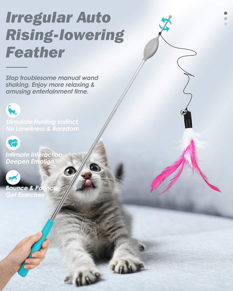 [Australia] - Lewondr Electric Cat Feather Wand 4 Section Telescopic Interactive Cat Toys Cat Stick Teaser with Bell & 3pcs Feather Flexible Cat Fishing Pole Toy Exerciser for Cat & Kitten - Blue + Green + Magenta 