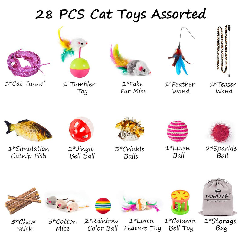 MIBOTE 28Pcs Cat Toys Kitten Toys Assorted, Cat Tunnel Catnip Fish Feather Teaser Wand Fish Fluffy Mouse Mice Balls and Bells Toys for Cat Puppy Kitty - PawsPlanet Australia