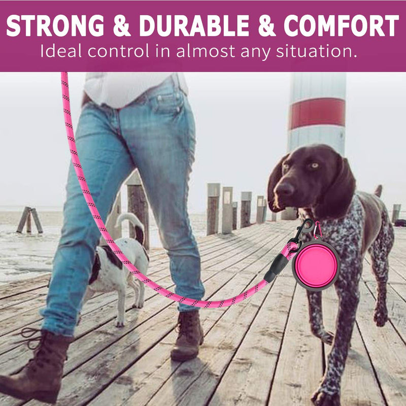 COOYOO 2 Pack Dog Leash 5 FT Heavy Duty - Comfortable Padded Handle - Reflective Dog Leash for Medium Large Dogs with Collapsible Pet Bowl 0.3in. x 5ft.(for dogs weight 0-18lbs.) Set 1-Black+Pink - PawsPlanet Australia