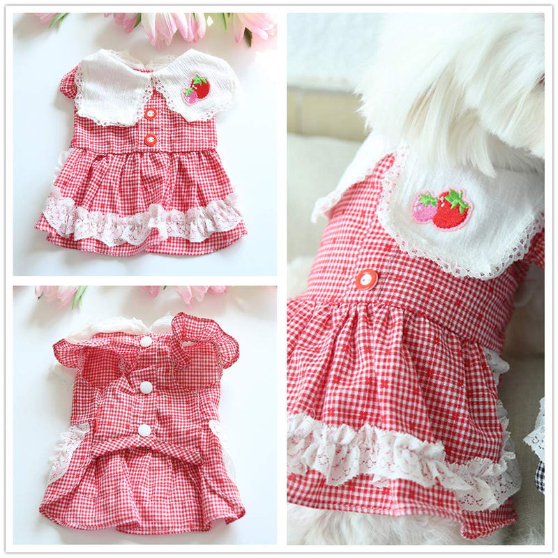Hdwk&Hped Spring Summer Small Dog Dress Cute Strawberry Plaid Pink Skirt for Small Dog Cat Puppy #1-#5 (#1) Strawberry Style Pink - PawsPlanet Australia