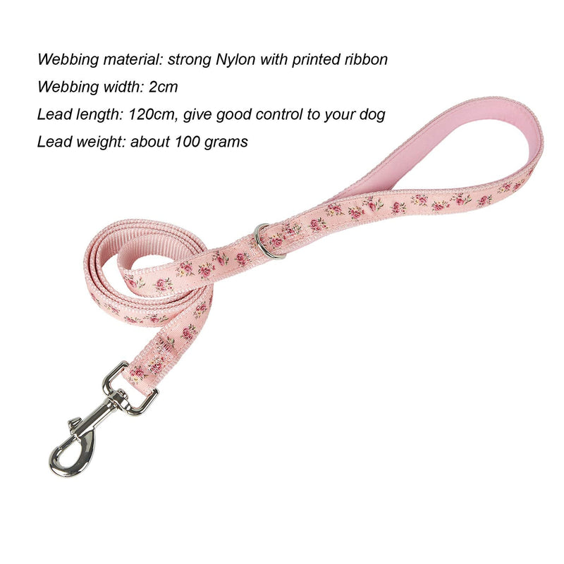 YUDOTE Floral Pattern Dog Leash with Comfortable Neoprene Padded Loop Handle and D-Ring for Daily Walking with Active Small to Medium Female Breeds, Pink M:2cm Width, 120cm Length Floral Pattern in Pink - PawsPlanet Australia