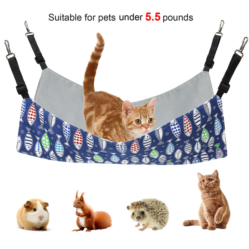 Petmolico Cat Hanging Hammock Bed, Pet Cage Hammock Adjustable Strap and Reversible Double-Sided Hammock for Cats/Kitten/Puppy/Small Dogs/Rabbits/Other Small Animals, Blue Fish, Small - PawsPlanet Australia