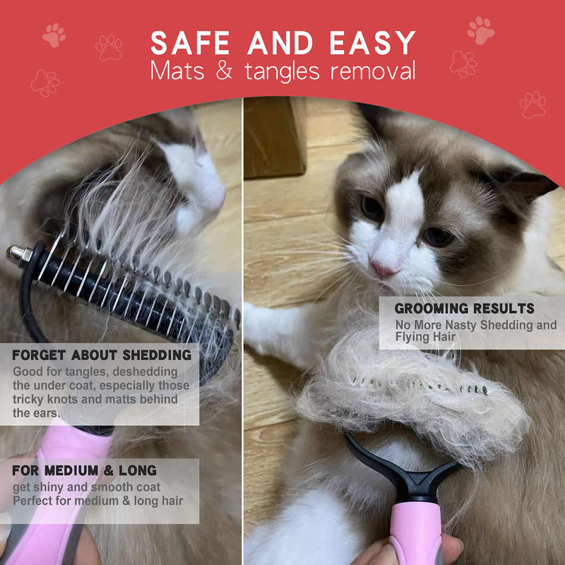 freeworld Undercoat rake for Dogs&Cats - Pet Grooming Tool - 2 Sided - Safe Dematting Comb for Easy Mats & Tangles Removing - No More Nasty Shedding and Flying Hair Pink (rake+ nail clipperNail File) - PawsPlanet Australia