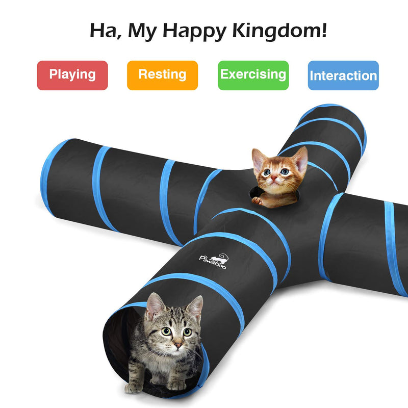Pawaboo Cat Toys, Cat Tunnel Tube 4 Way Tunnels Extensible Collapsible Cat Play Tent Interactive Toy Maze Cat House with Balls and Bells for Cat Kitten Kitty Rabbit Small Animal, Black & Light Blue - PawsPlanet Australia
