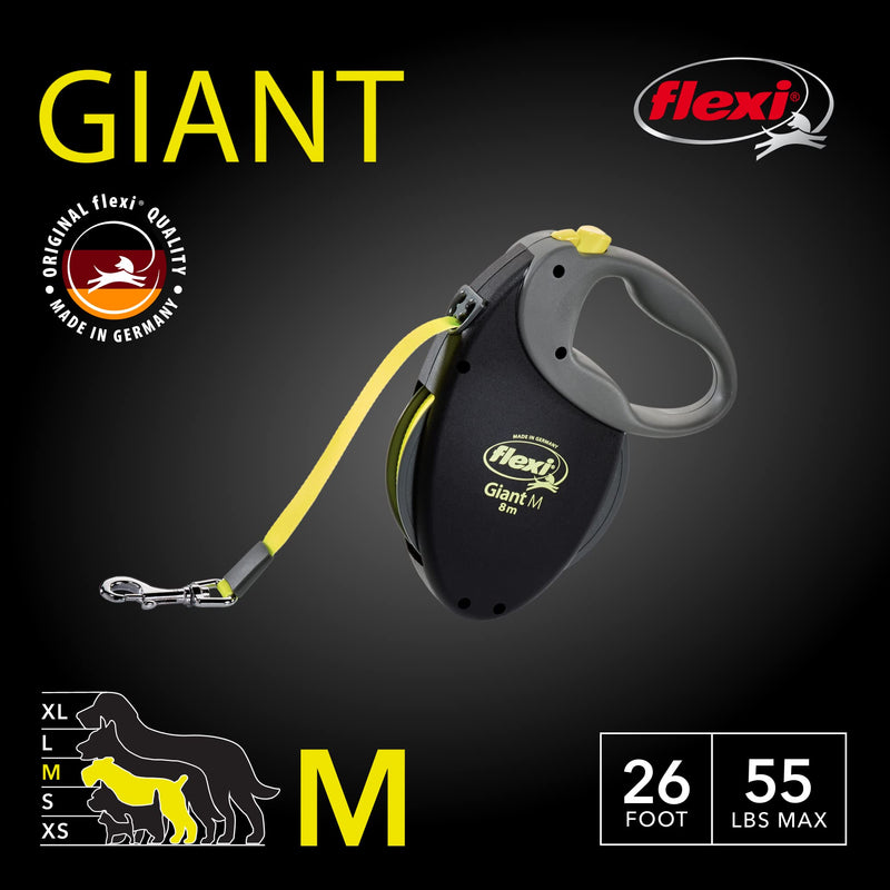 flexi Giant Medium Retractable Dog Leash (Tape), 26 ft, Medium, Black/Neon black / neon M, 26 Ft - PawsPlanet Australia