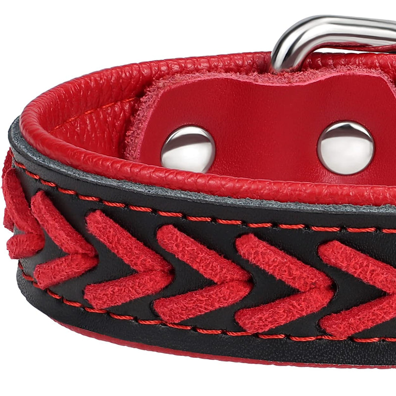 TagME Leather Dog Collar for Medium Dogs, Braided Soft Padded Dog Collars with Double D-Rings, Red M M (30-39 cm) - PawsPlanet Australia