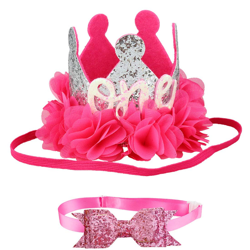 [Australia] - Aillion Dog Cat 1st Birthday Hat Crown Shaped and Shiny Bowtie Collar Rose Red and Silver 