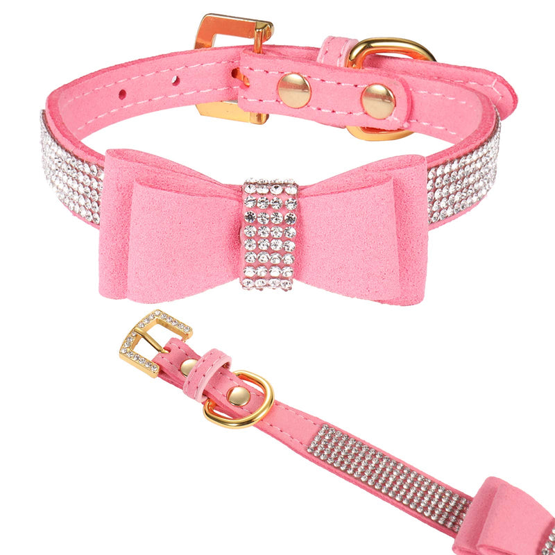 LOVPE Dog Collar/Cat Collar Crystal Velvet Leather with Bow-knot Tie Rhinestone Collars for Puppy/kitten Small Dogs&Cats (XS(Neck for:8-10 Inch), Pink) XS(Neck for:8-10 Inch) - PawsPlanet Australia