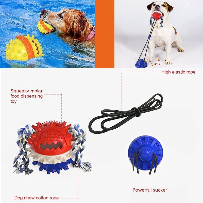 Suction Cup Dog Toy Dog Squeaky Ball Rope Toys Interactive Tug Toy for Wall and Floor Puppy Chew Toys for Small Medium Breed Dog Treats Food Dispenser Teeth Cleaning Training (Blue+red) Blue+red - PawsPlanet Australia