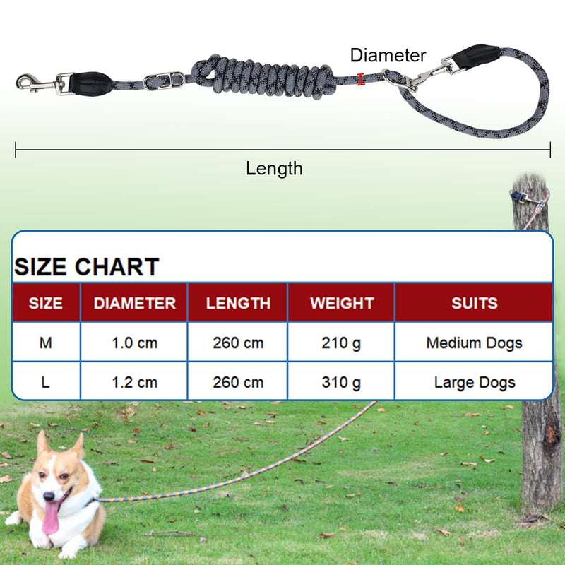 Dog leash 2.6 m adjustable shoulder leash, reflective multifunctional nylon double leash with 2 movable metal rings, ideal for walking, running and training (black & gray, L - 1.2 x 260 cm) black & gray - PawsPlanet Australia