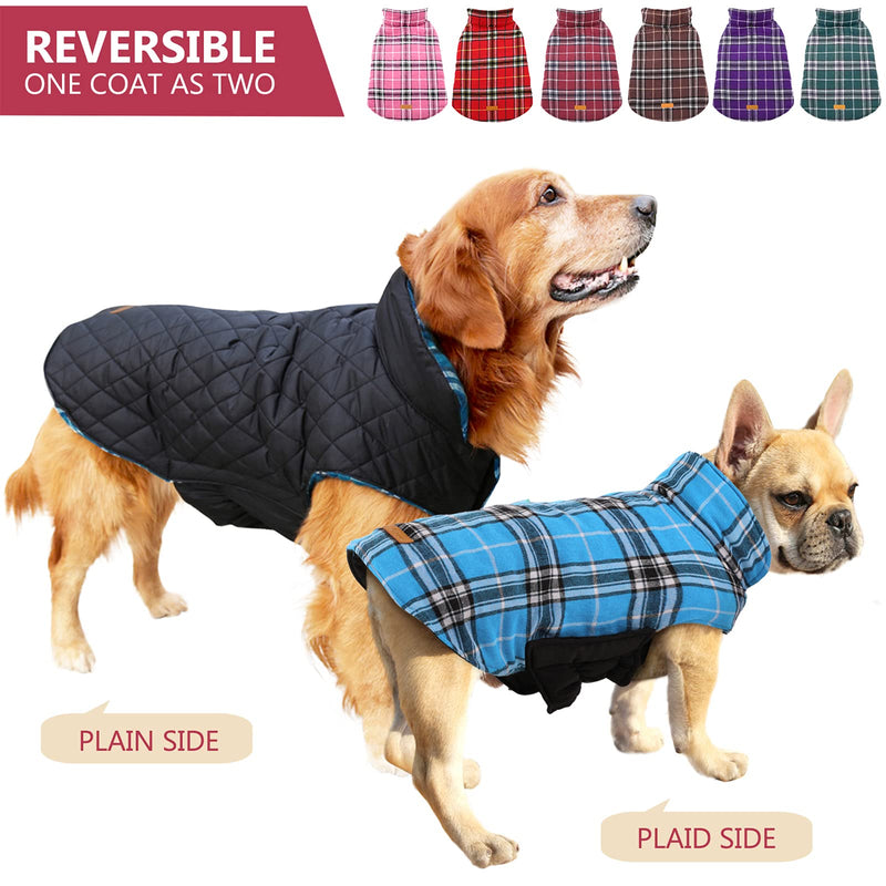 Kuoser Cozy Waterproof Windproof Reversible British Style Plaid Dog Vest Winter Coat Warm Dog Apparel for Cold Weather Dog Jacket for Small Medium Large Dogs with Furry Collar (XS - 3XL) X-Small (Pack of 1) Blue - PawsPlanet Australia