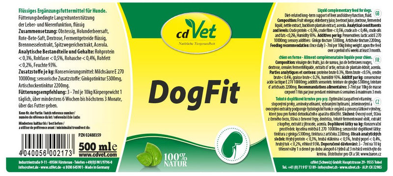 cdVet Naturprodukte DogFit 500 ml - Dog - liquid complementary feed - care of detoxification organs + digestive organs - supply of vitamins + herbs - optimal condition - - PawsPlanet Australia