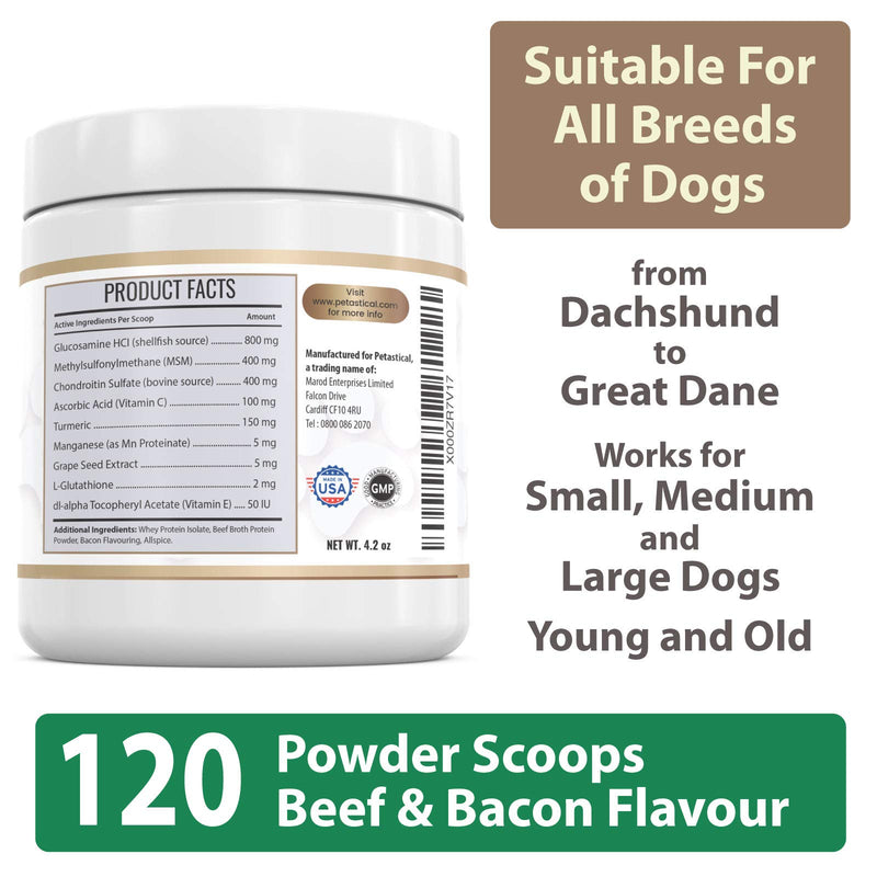 Petastical Dog Hip Joint Care Supplements, 800mg Glucosamine, 400mg Chondroitin, 400mg MSM with Added Turmeric, 120 Powder Scoops, Made In USA - PawsPlanet Australia