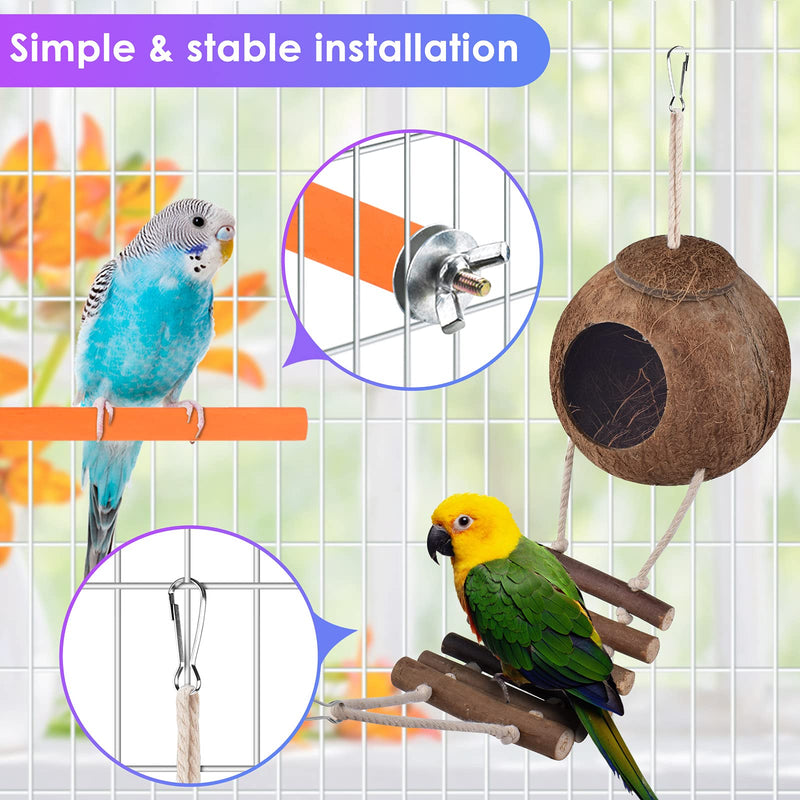 ERKOON Bird Parrot Toys, Hanging Natural Wooden Coconut Perch Birds House with Ladder, Stand Chewing Bell Pet Birds Cage Toy accessories Suitable for Parakeet, Conure, Cockatiel, Mynah?8 Pack? - PawsPlanet Australia