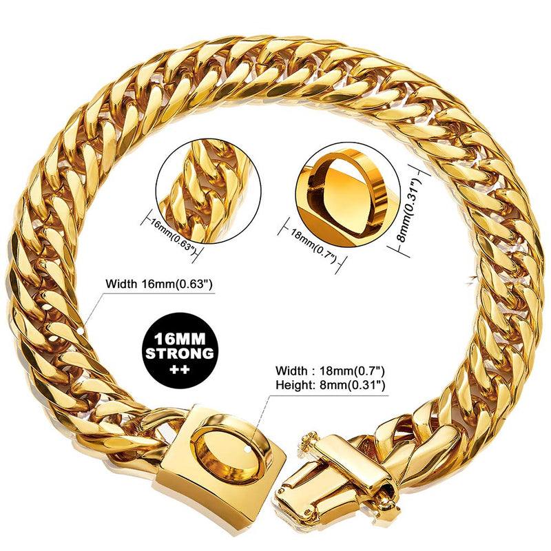 [Australia] - Tobetrendy Miami Cuban Link Dog Chain Collar 18K Gold Chain Collar with Safe Metal Buckle 16mm Double Curb Gold Chain for Small Medium Large American Pitbull German Shepherd 16" (Fits Neck 14" to 15.5") 