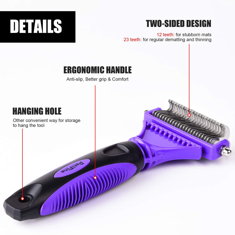 PetiFine Dog Dematting Rake, Pet Grooming Brush 12+23 Double Sided Teeth, Undercoat Rake for Cats & Dogs - Safe Dematting Comb for Easy Mats & Tangles Removing - PawsPlanet Australia