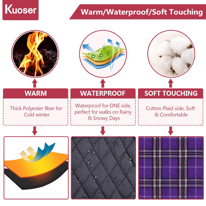 Kuoser Cozy Waterproof Windproof Reversible British Style Plaid Dog Vest Winter Coat Warm Dog Apparel for Cold Weather Dog Jacket for Small Medium Large Dogs with Furry Collar (XS - 3XL) XS(Chest:11.8-14.6", Body: 9.8") Purple - PawsPlanet Australia