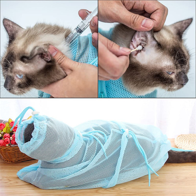 Juliyeh Cat Shower Bag, Cat Grooming Bag, Anti-bite and Anti-scratch Adjustable Shower Bag for Bathing, Nail Trimming, Ear Washing, Medication, Feeding, Blue - PawsPlanet Australia
