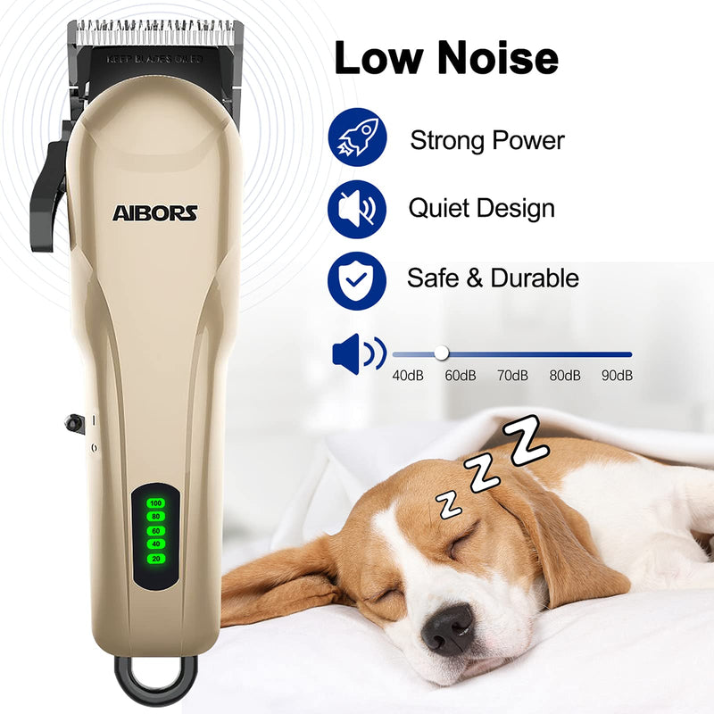 AIBORS Dog Clippers for Grooming for Thick Coats Heavy Duty Low Noise Rechargeable Cordless Pet Hair Grooming Clippers, Professional Dog Grooming Kit Dog Trimmer Shaver for Small Large Dogs Cats Pets Gold - PawsPlanet Australia
