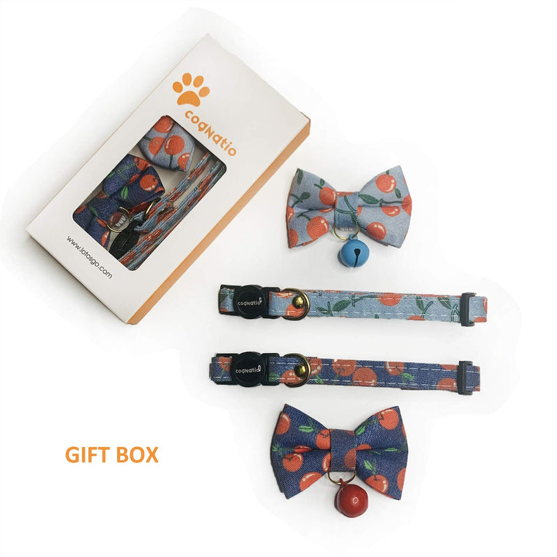 Cognatio Quick Release Cat Collars, Fruit Patterned Kitten Collars with Removable Bell and Bow Tie, Adjustable 20-30 cm, 2 Pack, Cherry Indigo+Light Blue - PawsPlanet Australia