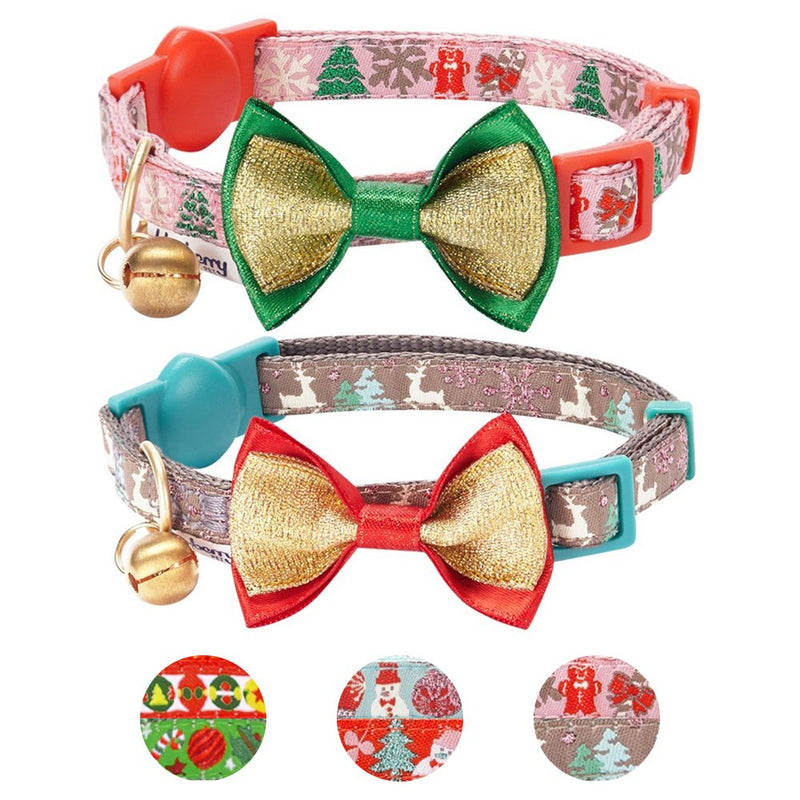 [Australia] - Blueberry Pet 3 Patterns Holiday Celebration Cat Collars 9"-13" Neck Pack of 2 - Christmas Trees 