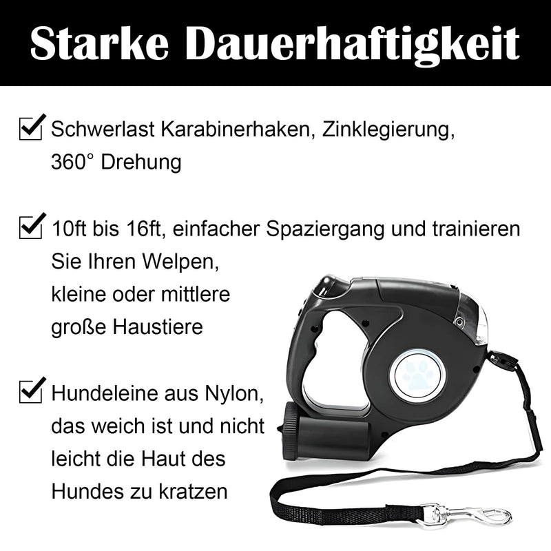 Dog leash, 5m retractable leash for dogs, with LED flashlight, 360° knot-free extended leash with bag dispenser for large and medium-sized dogs up to 25 kg weight - PawsPlanet Australia