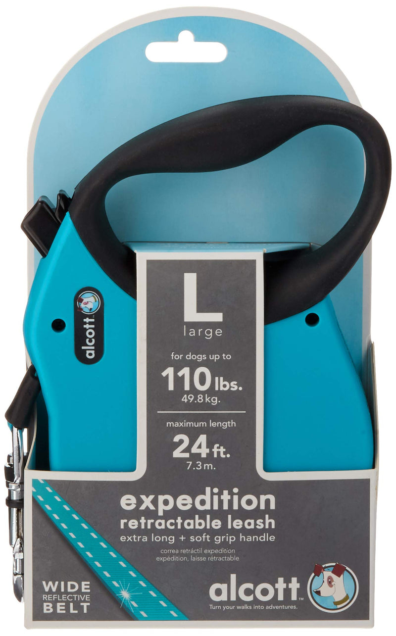 [Australia] - Alcott Expedition Retractable Reflective Belt Leash, 24' Long, Large for Dogs Up to 110 lbs, Blue with Black Soft Grip Handle 