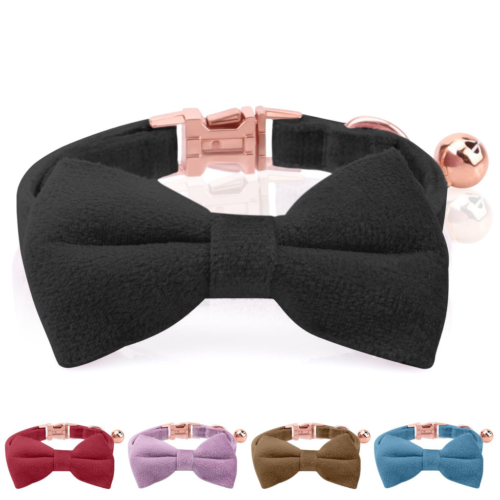 Asvin Velvet Cat Collar with Bell and Bow Tie, Adjustable Cat Collar for Weddings for Kitten Collar (Black) Black - PawsPlanet Australia