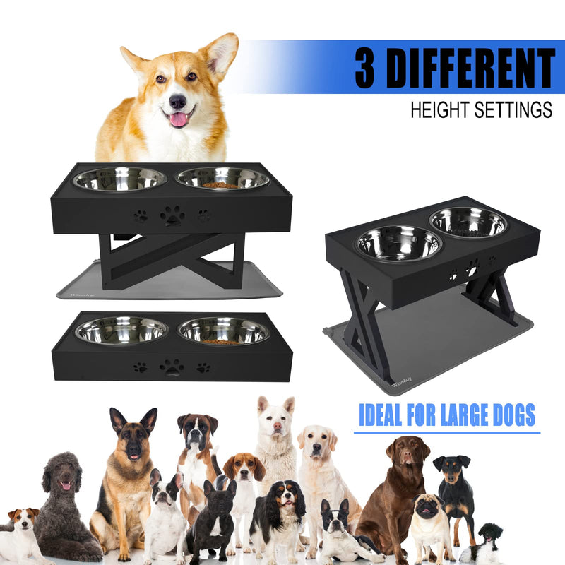 Wisedog Raised Dog Bowl with Stand: Elevated Dog Bowls with Silicone Mats Non Slip for Medium Large Dogs, Adjusts to 3 Heights, 2.8", 7.5" & 11.6" Stand (Black, with Silicone pad) Black - PawsPlanet Australia