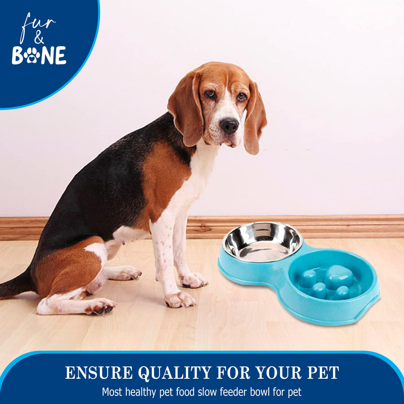 Fur & Bone Double Slow Feeder Dog Bowl for Cat Dog and Puppy - Interactive Feeder Slow Down Feed Pets Twin Feeding Bowl with Stainless Steel Detachable Dish and Non-Slip Bottom (Blue) Blue - PawsPlanet Australia