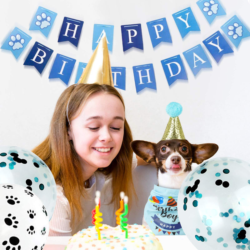 VIPITH Dog Birthday Party Supplies with Dog Birthday Bandana, Cute Happy Birthday Banner Hat Balloons for Pet Puppy Cat First Birthday Decorations (Blue/Boy) - PawsPlanet Australia