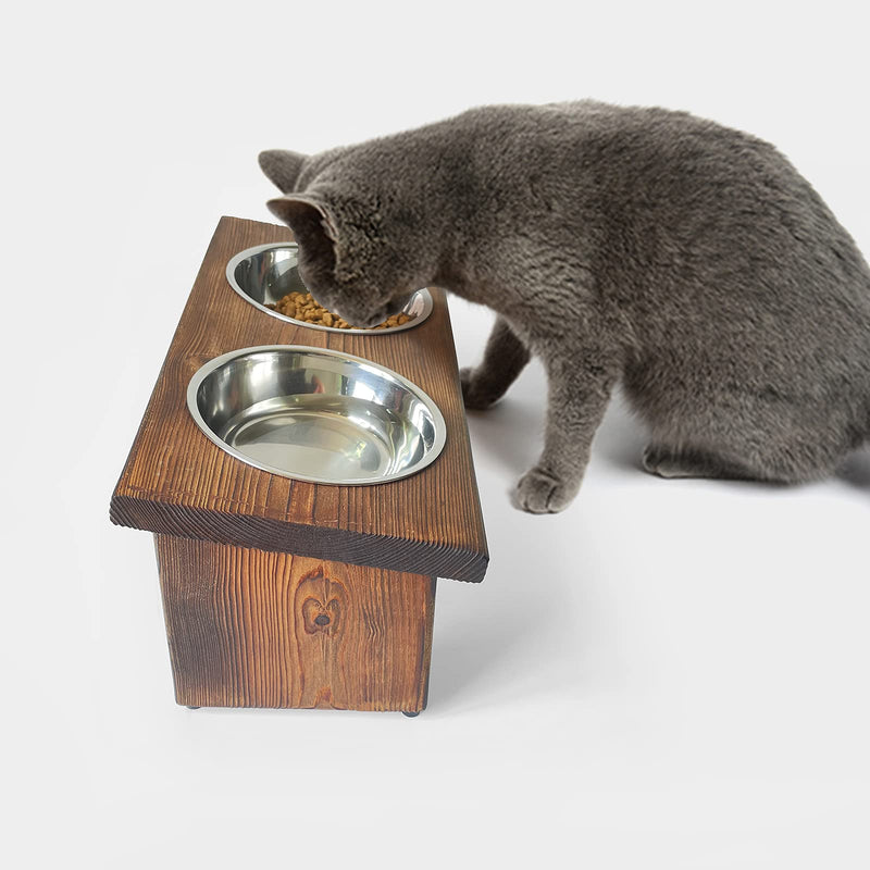 Raised Tilted Cat Bowl, Elevated Slanted Feeding Bowl for Cat and Dogs, Pet Food and Water Bowl with Adjustable Wooden Stand, Anti Slip Dog Cat Feeder with 2 Stainless Steel Bowls - PawsPlanet Australia