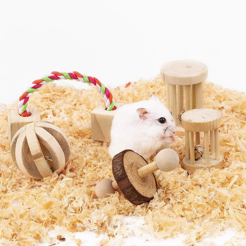 CCCYMM 6 Pcs Pet Natural Wooden Chew Toys Dumbells Exercise Bell Molar Toy for Parrot, Rabbit, Chinchilla, Guinea Pig, Hamster Small Animals - PawsPlanet Australia