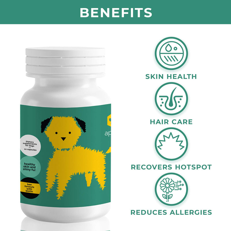ApiPet Skin - Bee Pollen, Propolis & Biotin Supplement for Dogs - Supports Healthy Skin & Soft Shiny Coats - Itchy Allergy Relief - Vitamin Rich Pet Formula for Immune System Support - 60 Capsules - PawsPlanet Australia