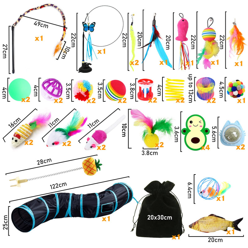 YUTUY Cat toy set with cat tunnel, 42 pieces cat toy set, with balls, feather toys, toy mice, cats, catnip, fish, 2-way cat tunnel (black) - PawsPlanet Australia