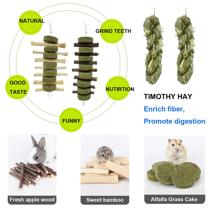 ROZJOVU Rabbit Guinea Pig Bunny Chew Toys for Teeth Grinding, Cage Hanging Toy, Organic Pet Treats for Bunny,Chinchillas, Hamsters(Sweet Bamboo+Apple Sticks+Alfalfa Cakes+Timothy Hay) - PawsPlanet Australia