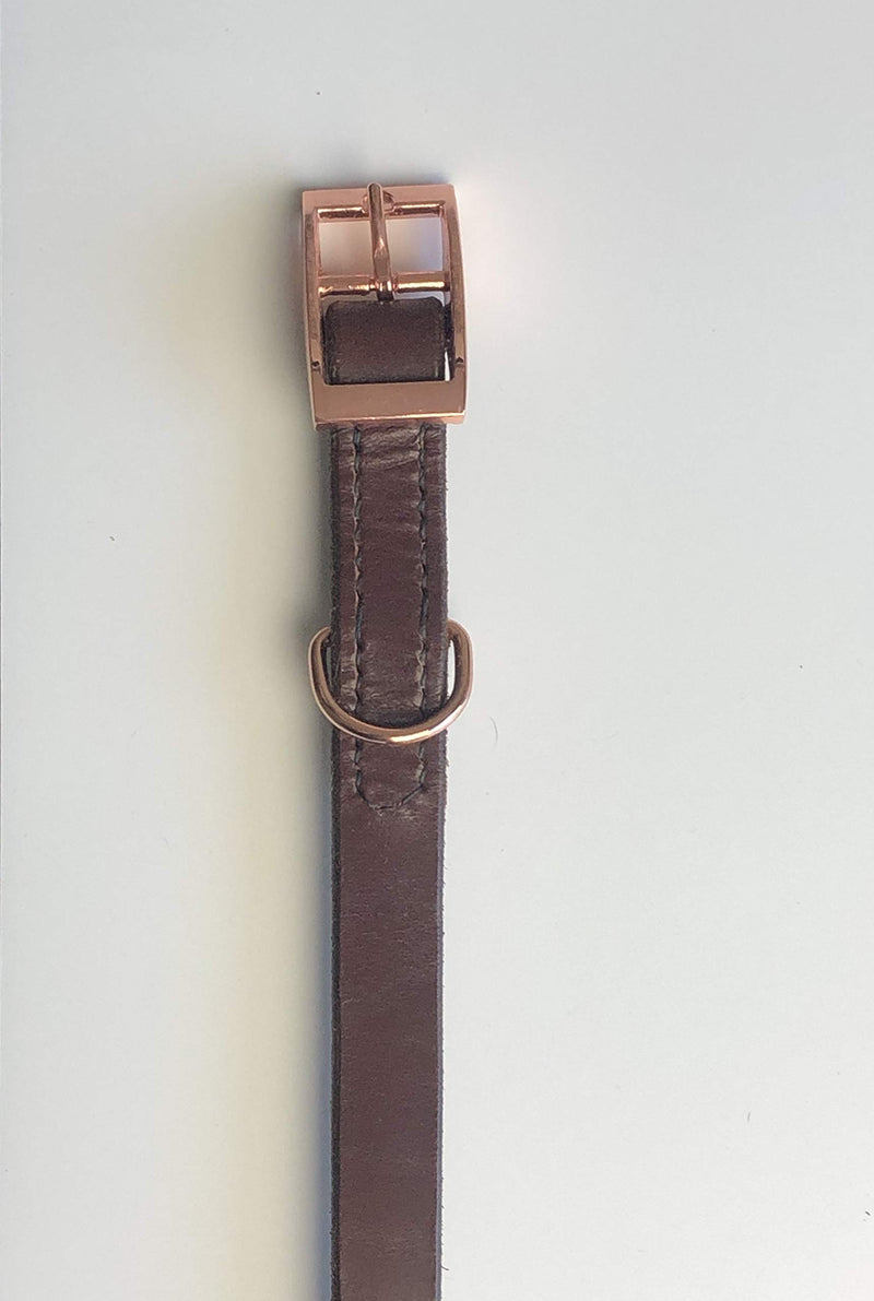 AUSTRALIAN NUT (MAHOGANY BROWN) ITALIAN BRIDLE LEATHER LUXURY HANDMADE DOG COLLAR MEDIUM 16"-20" 40CM-50CM WITH ROSE GOLD ACCESSORIES - PawsPlanet Australia