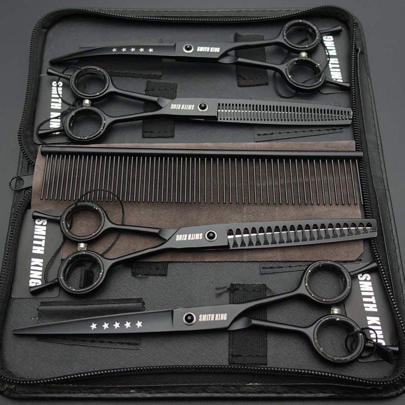 7.0 inches Professional Dog Grooming Scissors Set Straight & thinning & Curved & chunkers & comb 5pcs in 1 Set for left-handed & right handed Black - PawsPlanet Australia