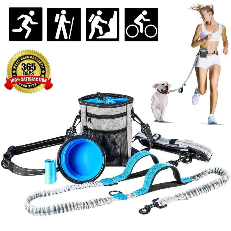 Dog Running Leash with Treat Training Pouch,Collapsible Silicone Pet Bowl,Poo Bags Holder,Hands Free Dog Lead for Up to 150lbs Large dogs with Adjustable Padded Waist Belt for Jogging Walking Hiking - PawsPlanet Australia