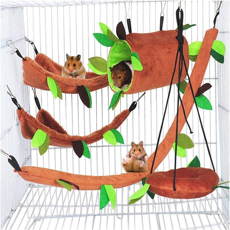 [Australia] - FunMove Hamster Hammock Rat Bird Parrot Hanging Warm Bed House Cage Nest Accessories Forest Pattern Cage Toy Leaf Hanging Tunnel and Swing for Sugar Glider Squirrel Hamster Playing Sleeping Pack of 5 