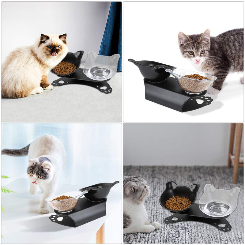 B bangcool Cat Food Bowls - Double Cat Bowls with Raised Stand 15°Tilted Cat Feeders Elevated Cat Water Bowl with Food Scoop Black & Clear - PawsPlanet Australia