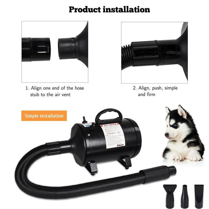 DAWOO 2800W Dog Hair Dryer Blaster Pet Grooming Hair Dryer High Velocity Motorbike Dryer Low Noise Temperature Heater with 2.5M Flexible Hose and 3 Nozzles (Black XK) Black XK - PawsPlanet Australia