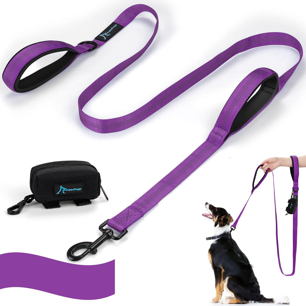 PuppyDoggy dog leash for large and medium-sized dogs 2 padded handles with reflective threads and poop bag dispenser 1.8 m (purple) (1.8mx 2.5cm) - purple + poop bag dispenser - PawsPlanet Australia