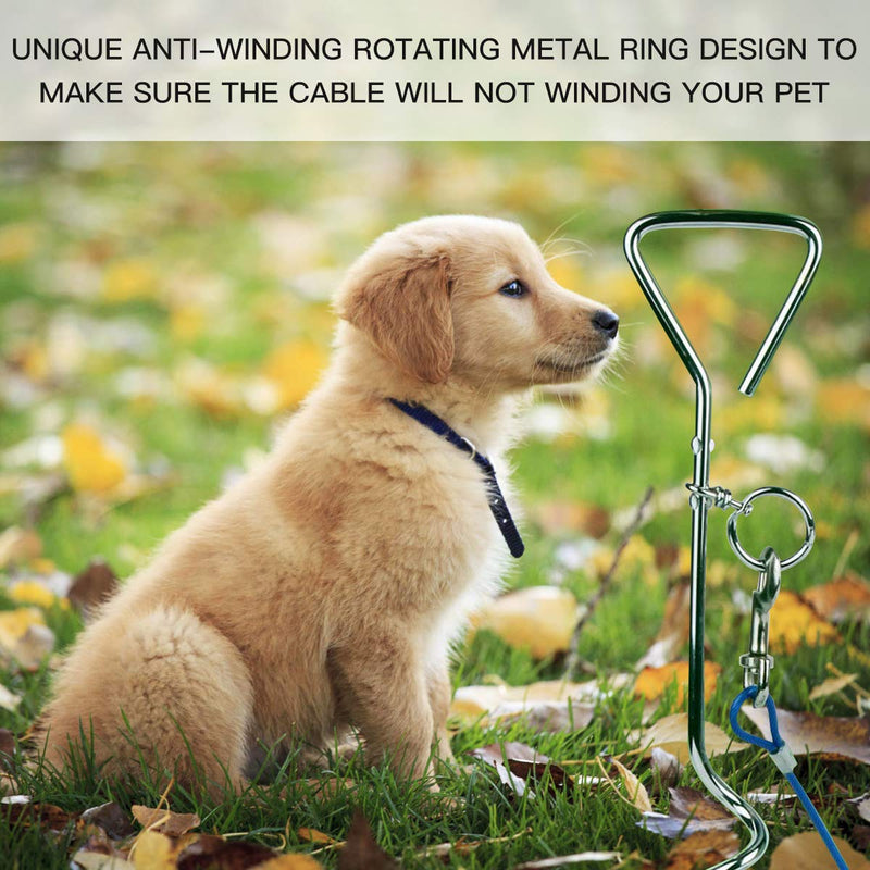 CLKHOWL Dog Stake Tie Out Cable - 16/30" Anti Rust Reflective Stake for Medium Large Dogs Up to 125 lbs, Dog Cable Runner and Metal Hooks for Yard, Camping, or Outdoors 16FT Blue - PawsPlanet Australia