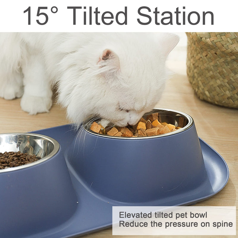 Suhaco Double Dog Bowl Raised Dog Food Bowl Non Slip Stainless Steel Double Bowls with Non-spill for Small Dogs and Cats (Dark Blue) - PawsPlanet Australia