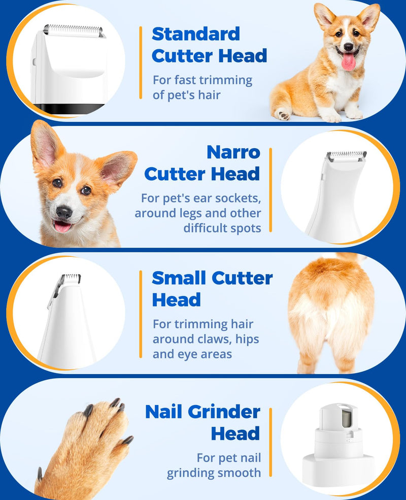 oneisall Quiet Clipper Dog Cat 4 in 1 Complete Set, Rechargeable Dog Clipper & Paw Trimmer & Claw Grinder with 4 Multifunctional Cutting Heads for Whole Body White - PawsPlanet Australia