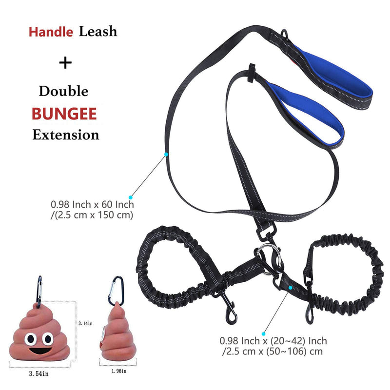 Dual Dog Leash Double Dog Leash, Multifunctional Detachable Leash for 1 or 2 Dogs, No Tangle Shock Absorbing Bungee Walking Lead with Two Handles Bonus Funny Waste Bag Dispenser for Dogs Up to 180lbs Black and Blue - PawsPlanet Australia